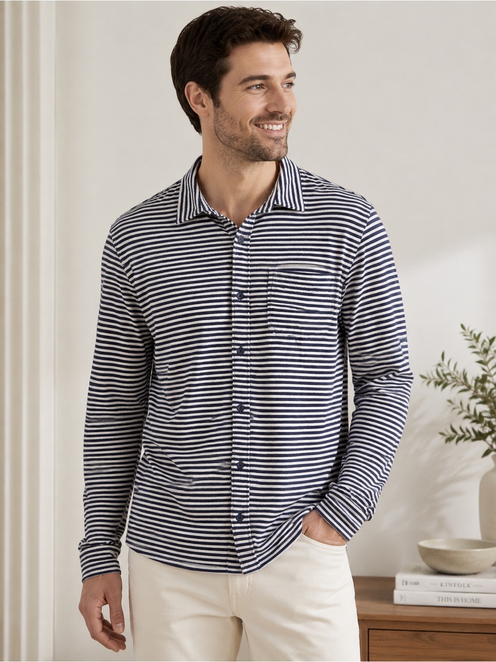 J. Crew Polo Mens Button Up Slub Cotton Harbor Striped Knit Goods Large Tall
